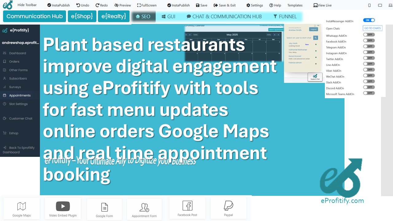 Plant based restaurants improve digital engagement using eProfitify with tools for fast menu updates online orders Google Maps and real time appointment booking